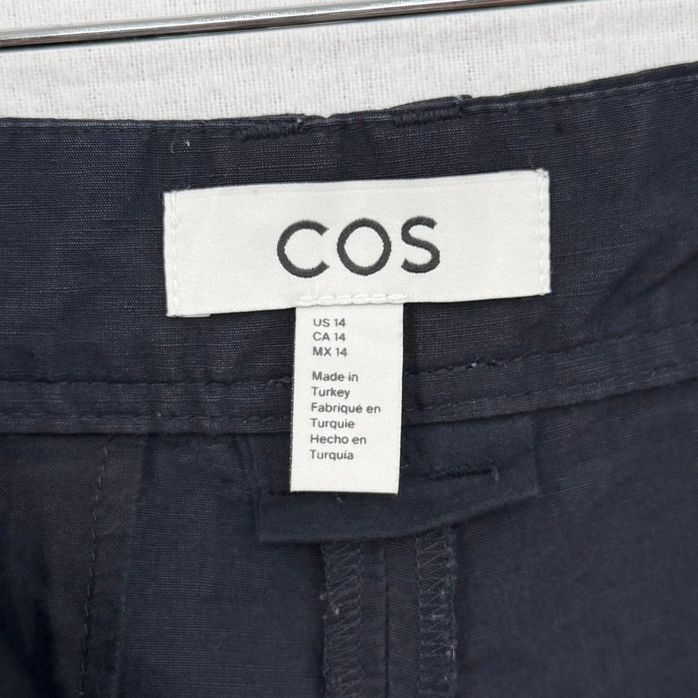 COS Linen Blend High Rise Pleated Pants Womens 14 Navy Blue Ankle Balloon